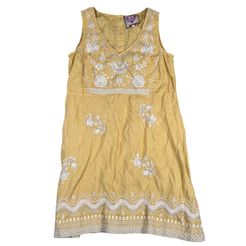 Johnny Was Los Angeles Mustard Yellow Embroidered Linen Shift Dress Size M
